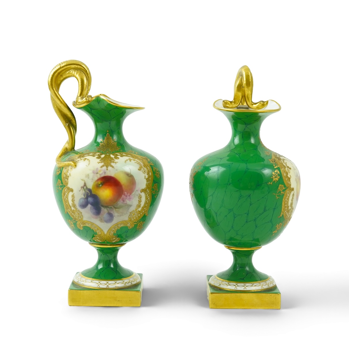 A pair of Royal Worcester fruit painted ewers, by R. Sebright, c.1903